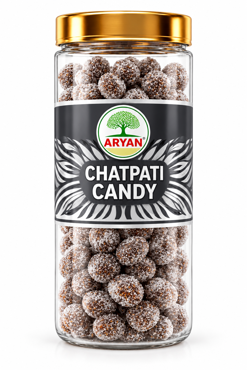 Aryan Chatpati Candy 135g in a transparent jar with a gold lid and black-and-silver label, filled with dark sugar-coated tangy candies.