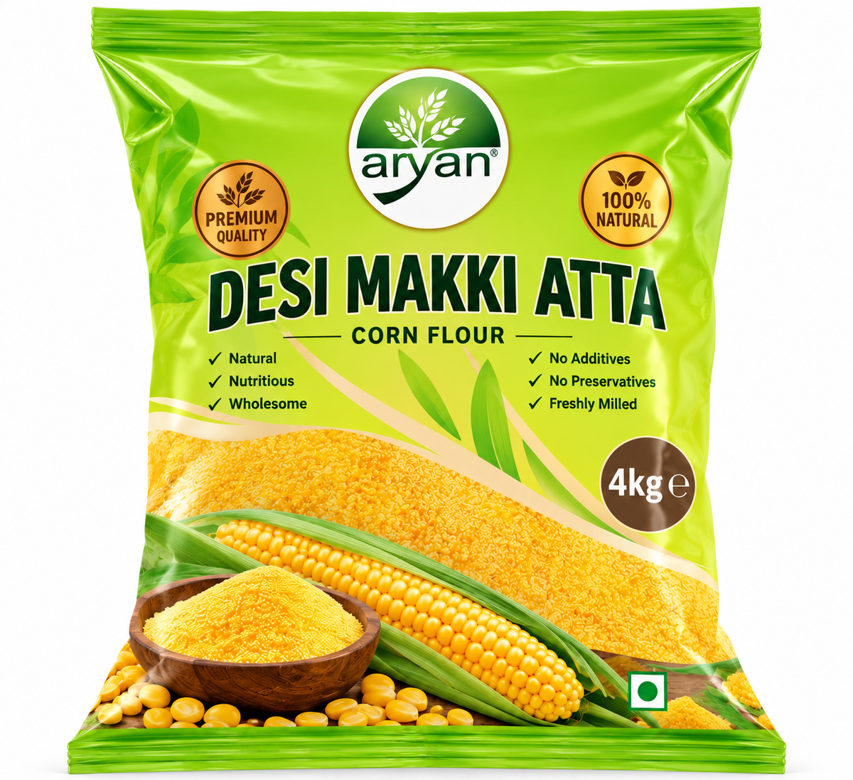 Aryan Desi Makki Atta 4kg pack featuring lime-green packaging, the Aryan logo, golden corn cobs, a bowl of cornmeal, a premium quality badge and a 100% natural label.