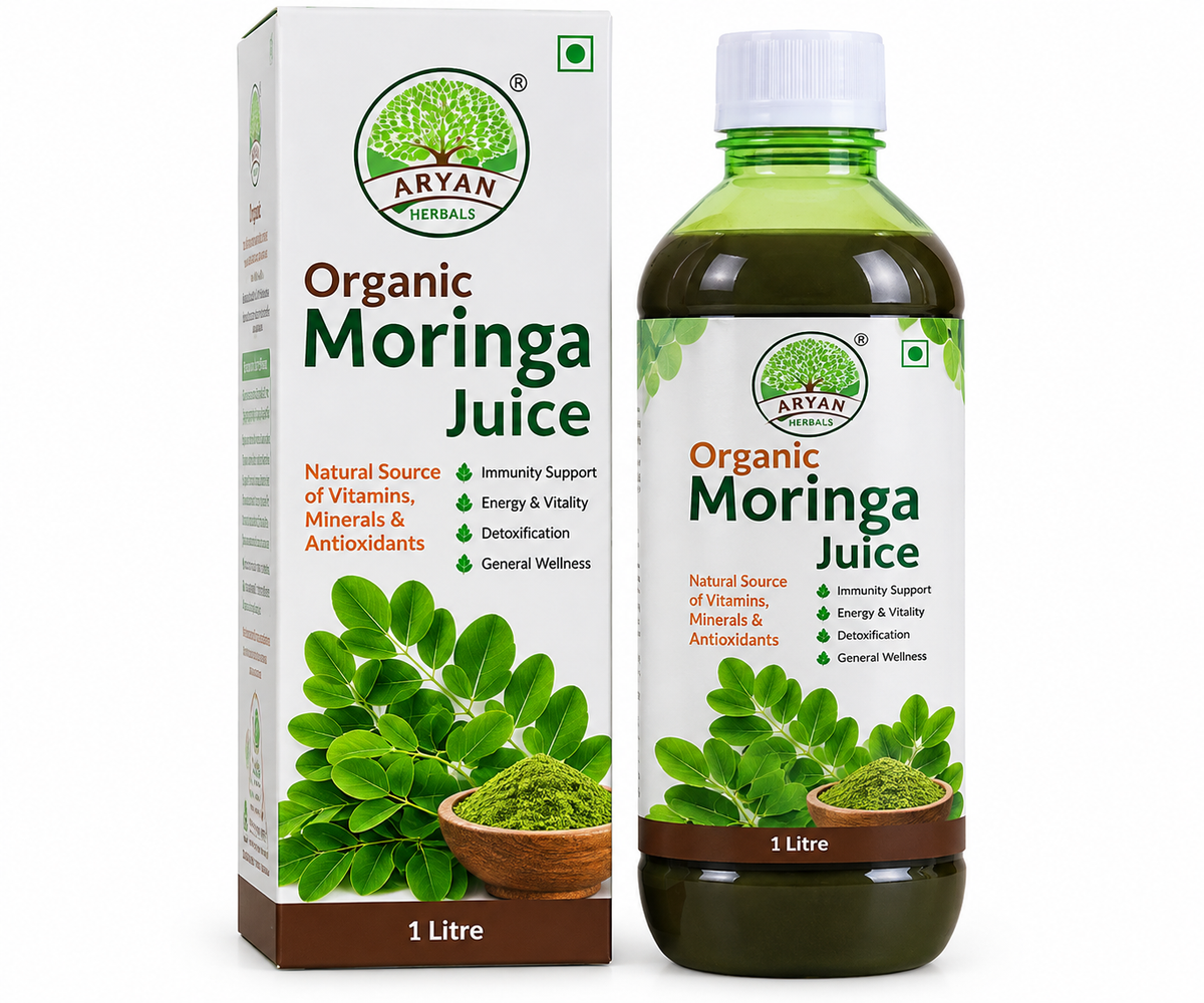 Aryan Herbals Organic Moringa Juice 1 litre featuring a dark green juice bottle and matching white carton with green moringa leaf illustrations and botanical brandi