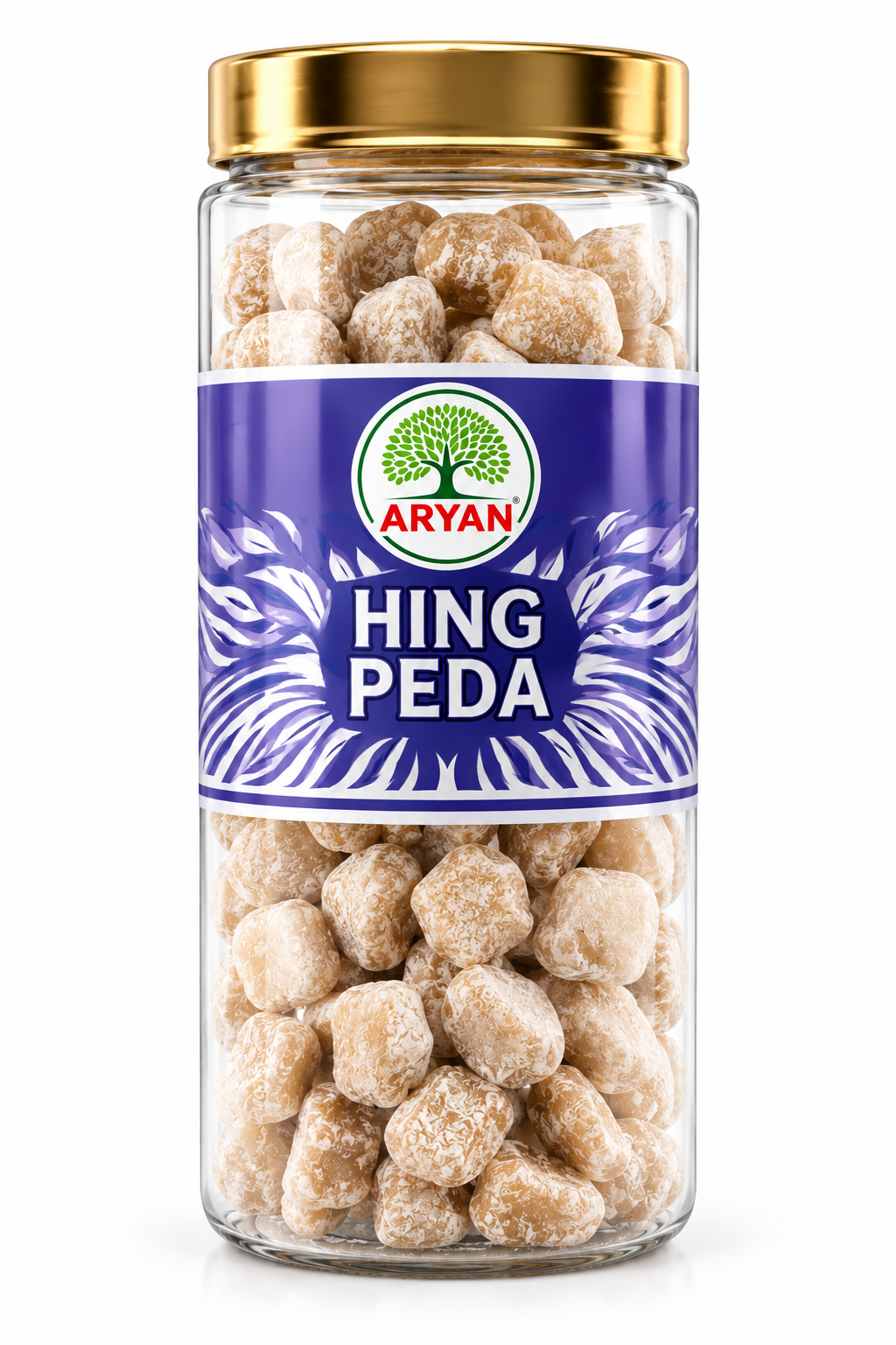 Aryan Hing Peda 160g featuring a transparent jar with a gold lid and purple-blue label, filled with round, beige, powder-coated hing peda candies.