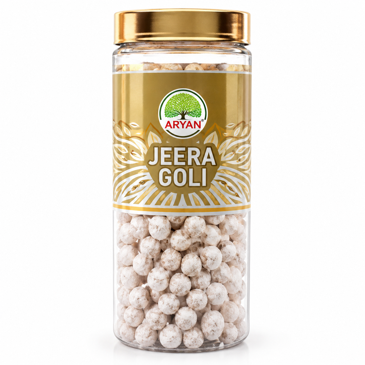 Aryan Jeera Goli 160g featuring a transparent jar with a gold lid and gold-and-beige label, filled with round, pale cumin-flavoured candies.