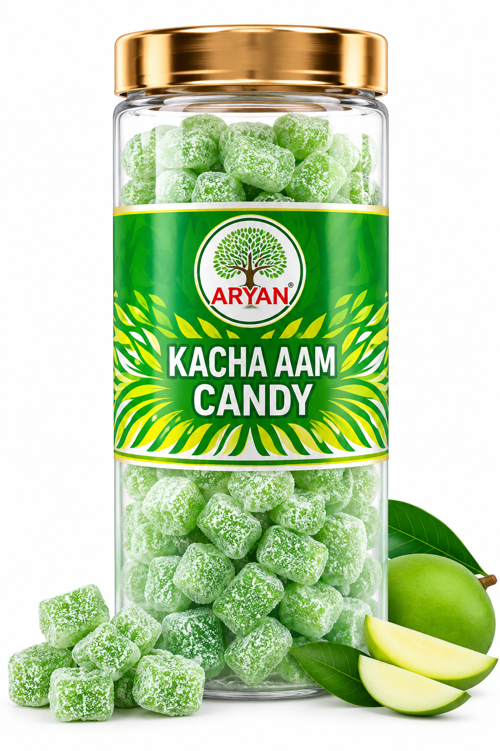 Aryan Kacha Aam Candy 160g featuring a transparent jar with a gold lid and green label, filled with green raw mango-flavoured candies.