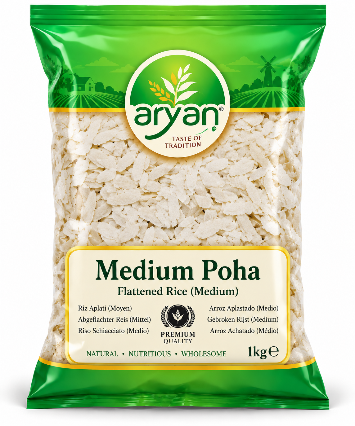 Aryan Medium Poha 1kg pack featuring green and cream packaging with a transparent window displaying white flattened rice flakes and a premium quality label.