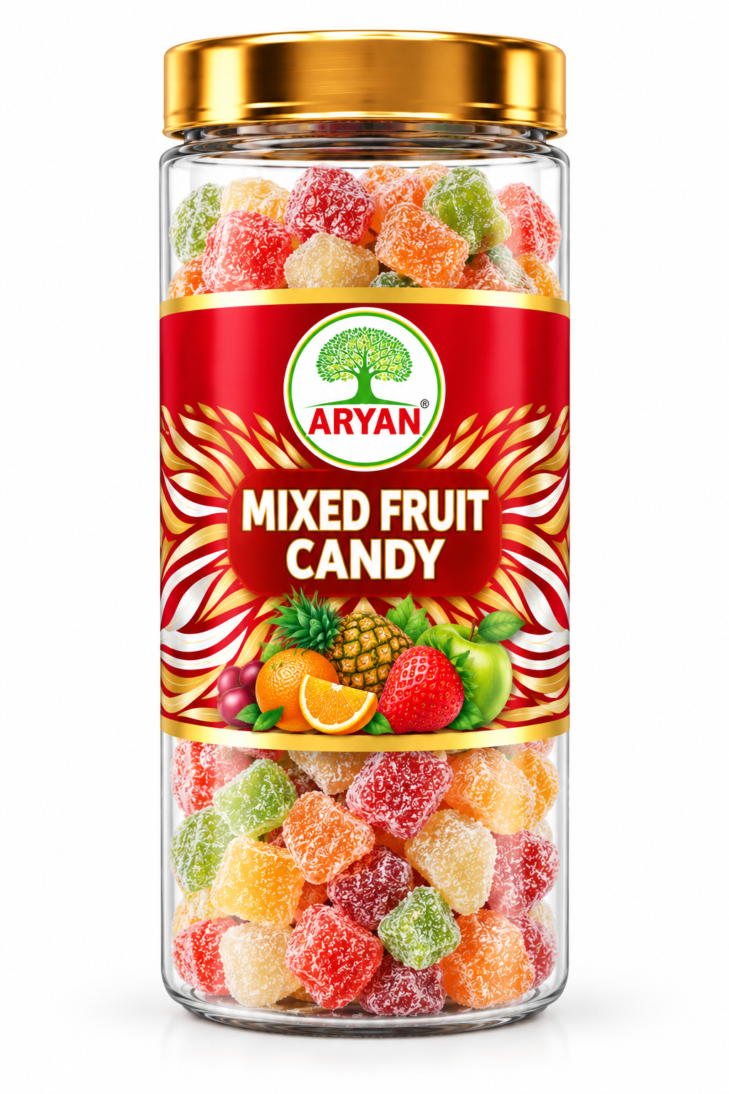 Aryan Mixed Fruit Candy 160g in a transparent jar with a gold lid and red-and-gold label, filled with colourful sugar-coated fruit candies and featuring assorted fruit illustrations.