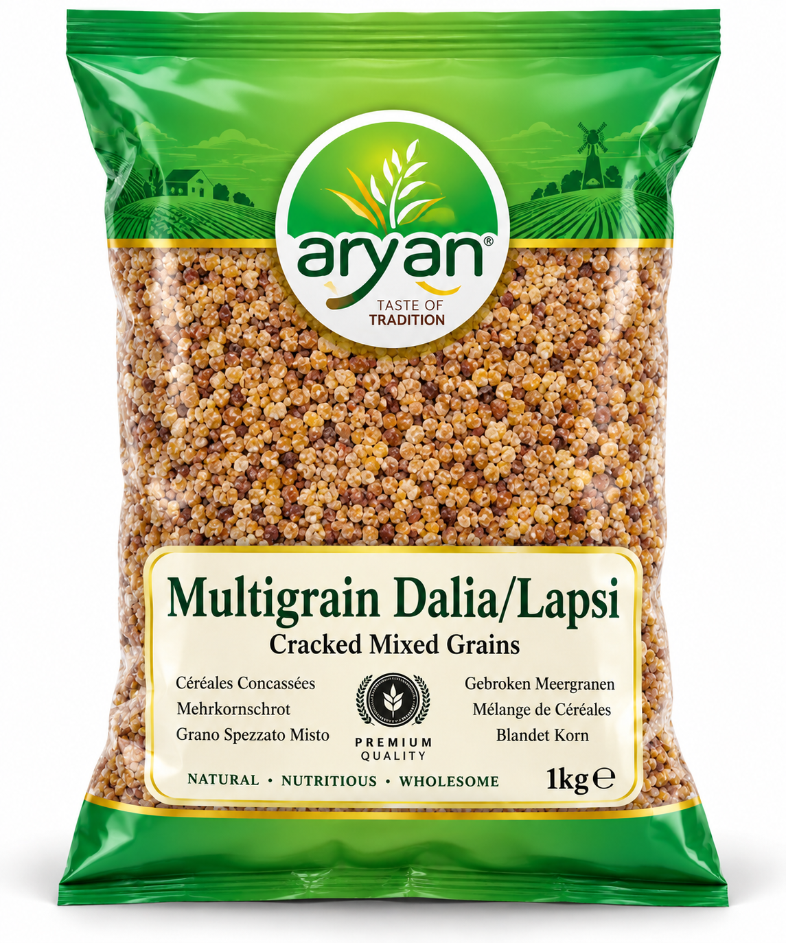 Aryan Multigrain Dalia 1kg pack featuring green and cream packaging with a transparent window displaying mixed cracked grains and a premium quality label.