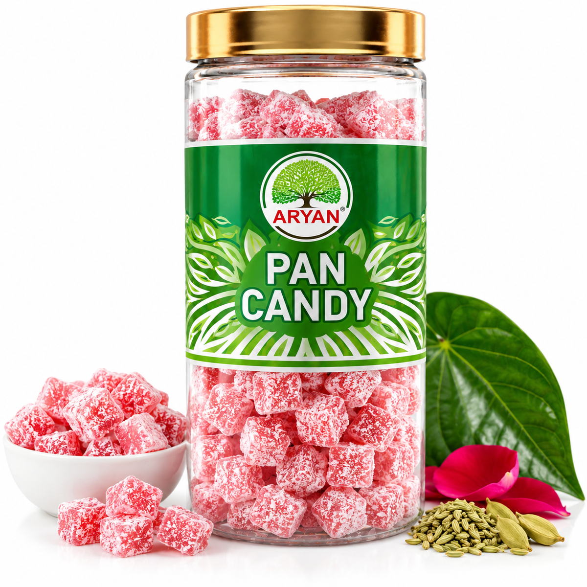 Aryan Pan Candy 160g featuring a transparent jar with a gold lid and green label, filled with pink sugar-coated pan-flavoured candies.