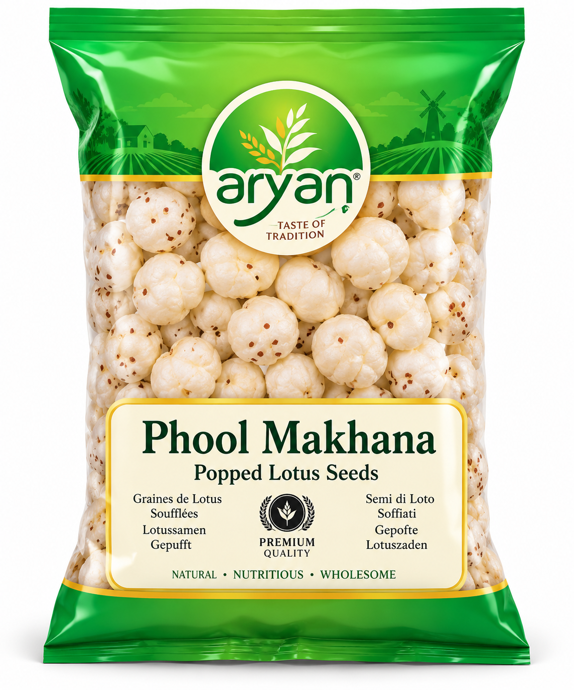 Aryan Phool Makhana 100g pack featuring green and cream packaging with a transparent window showing white popped lotus seeds and a premium quality label.