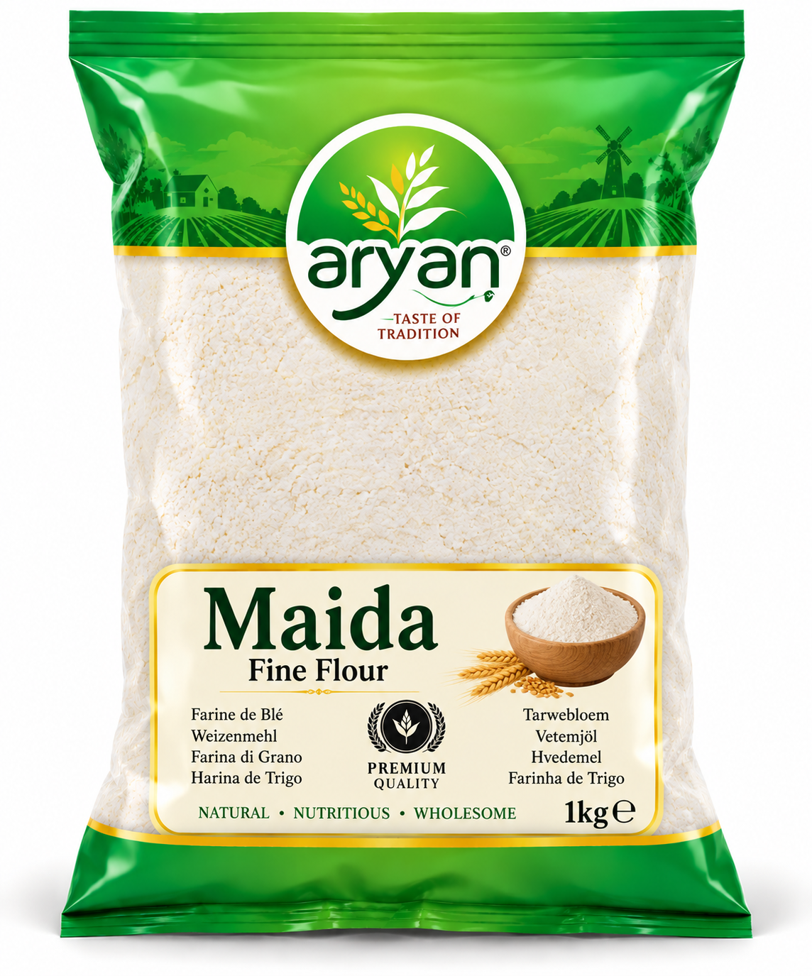 Aryan Pure Indian Plain Flour 1kg pack featuring green and cream packaging, a transparent window showing fine white flour, and a label displaying Maida Fine Flour.