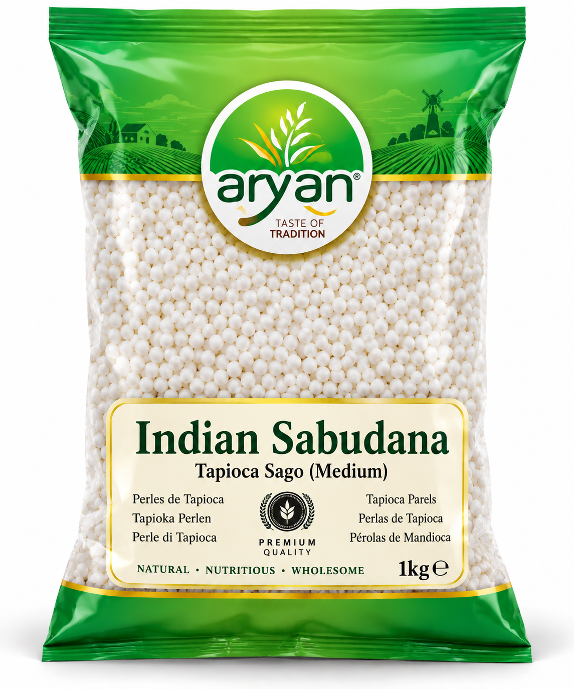 Aryan Pure Indian Sabudana 1kg pack featuring green and cream packaging, a transparent window filled with white tapioca pearls, and a premium quality label.