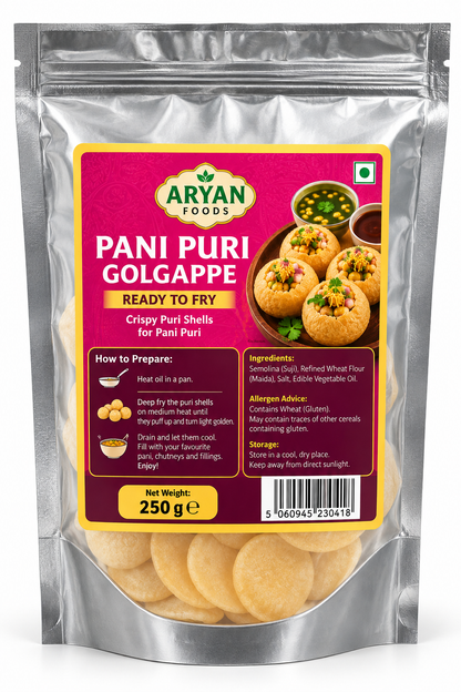 Aryan Foods Ready to Fry Golgappe 250g silver pouch with a magenta label and a clear window showing crispy puri shells, perfect for preparing fresh pani puri at home.