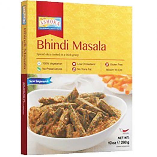 Ashoka Bhindi Masala 280g showing ready-to-eat Indian okra curry in a sealed pouch suitable for microwave or stovetop heating.