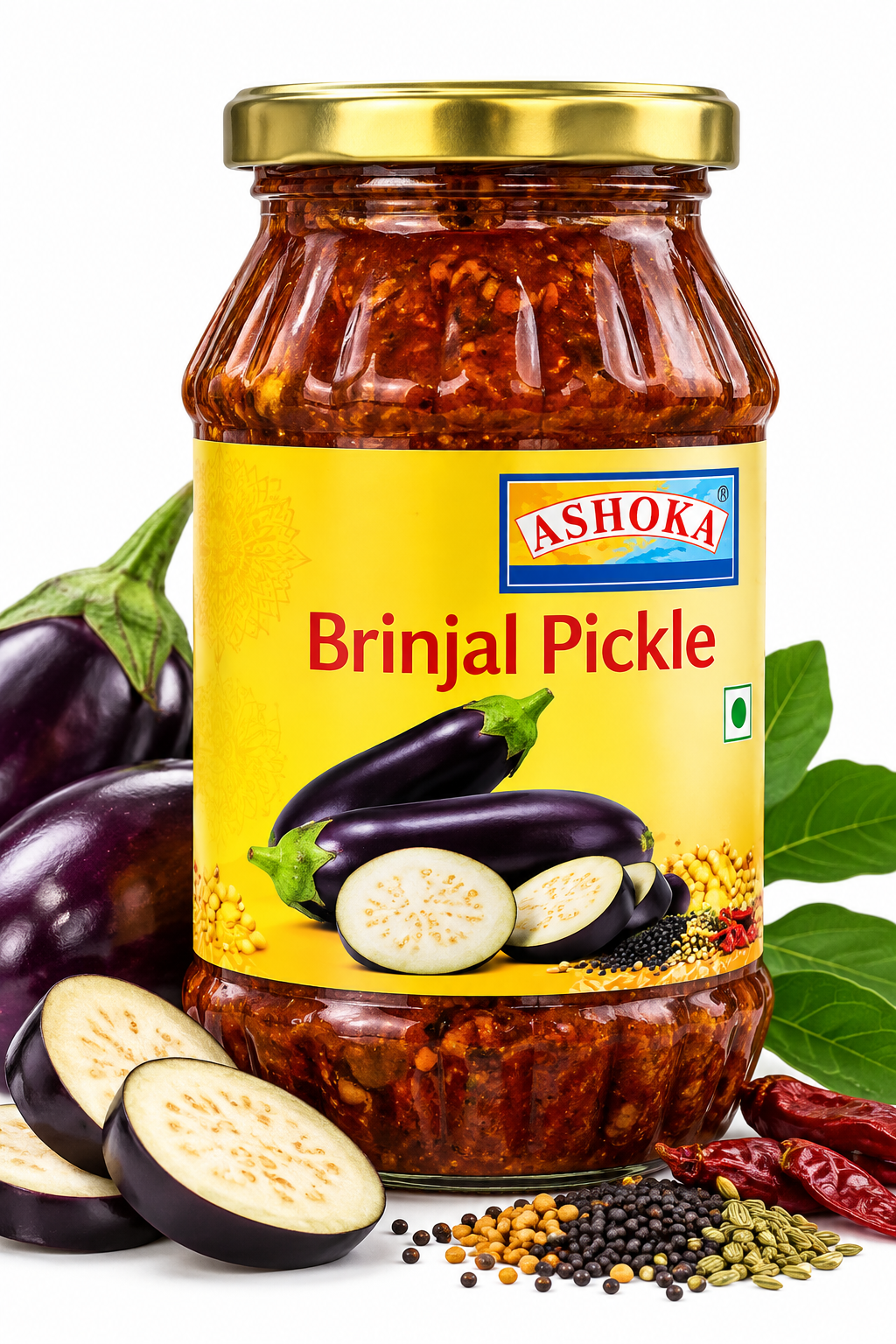 Ashoka Brinjal Pickle 500g featuring a glass jar with a gold lid and yellow label, filled with traditional spicy brinjal (eggplant) pickle, with illustrated purple brinjal and authentic Indian pickle packaging.