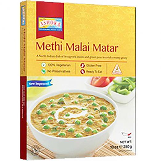Ashoka Shahi Methi Matar 280g showing ready-to-eat Indian fenugreek and pea curry in a sealed pouch ready for microwave or stovetop heating.