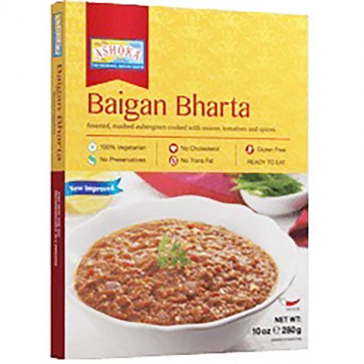Ashoka Baigan Bharta ready to eat Indian curry 280g pouch featuring smoky roasted eggplant cooked with tomatoes, onions and spices, vegetarian heat and serve meal perfect with roti, naan or rice.
