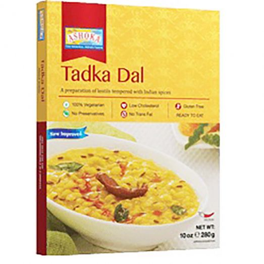 Ashoka Dal Tadka 280g showing ready-to-eat Indian lentil curry in a sealed pouch suitable for microwave or stovetop heating.
