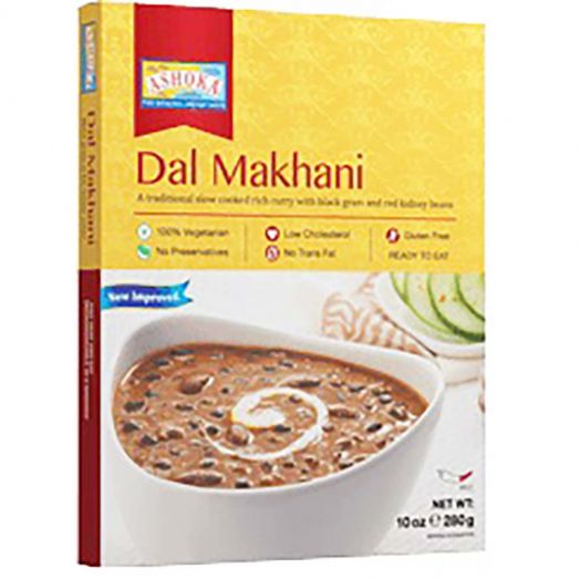 Packaged Ashoka Delhi Dal Makhani 280g showing ready-to-eat Indian creamy lentil curry in a sealed pouch suitable for microwave or stovetop heating.