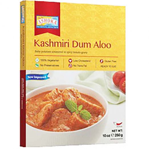 Packaged Ashoka Dum Aloo 280g showing ready-to-eat Indian spiced potato curry in a sealed pouch suitable for microwave or stovetop heating.