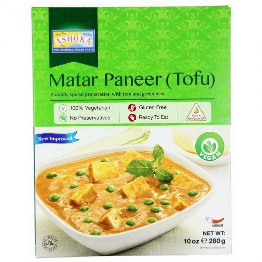Ashoka Matar Paneer (Tofu) 280g pack showing the ready-to-eat Indian curry with peas and paneer/tofu in sealed pouch packaging suitable for microwave or stovetop heating.