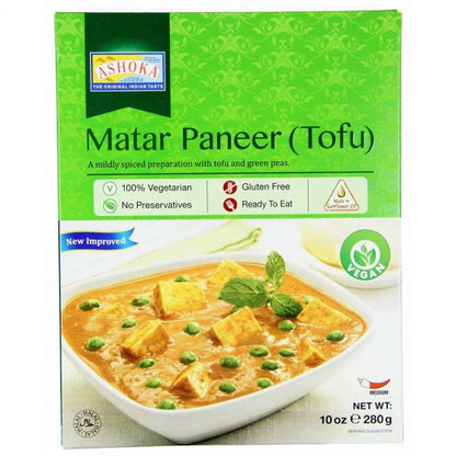 Ashoka Matar Paneer (Tofu) 280g pack showing the ready-to-eat Indian curry with peas and paneer/tofu in sealed pouch packaging suitable for microwave or stovetop heating.