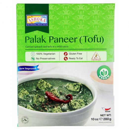 Ashoka Palak Paneer (Tofu) 280g showing ready-to-eat Indian spinach and paneer/tofu curry in sealed pouch suitable for microwave or stovetop heating.
