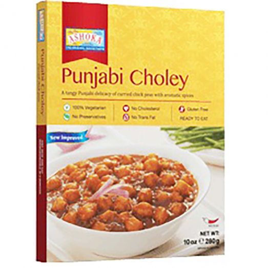 Ashoka Punjabi Choley 280g showing ready-to-eat Indian chickpea curry in a sealed pouch suitable for microwave or stovetop heating.