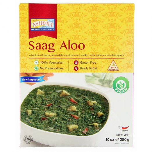Ashoka Saag Aloo 280g ready-to-eat Indian spinach and potato curry in a sealed pouch, ideal for microwave or stovetop heating.