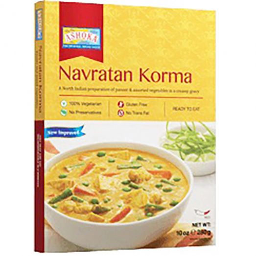 Ashoka Shahi Navratan Korma ready to eat Indian curry 280g pouch with mixed vegetables, fruits and nuts cooked in a creamy Mughlai style sauce, vegetarian heat and serve meal perfect with rice, naan or roti.