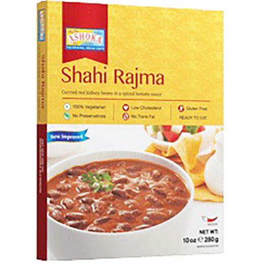 Ashoka Shahi Rajma 280g showing ready-to-eat Indian kidney bean curry in a sealed pouch suitable for microwave or stovetop heating.
