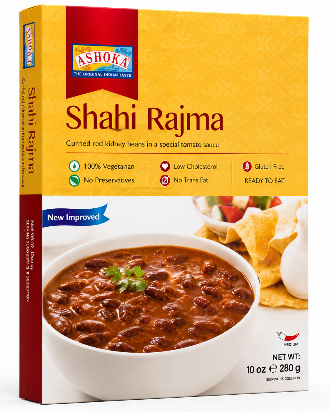 Ashoka Shahi Rajma ready-to-eat curried kidney beans in a rich tomato sauce, packaged in a 280g box.