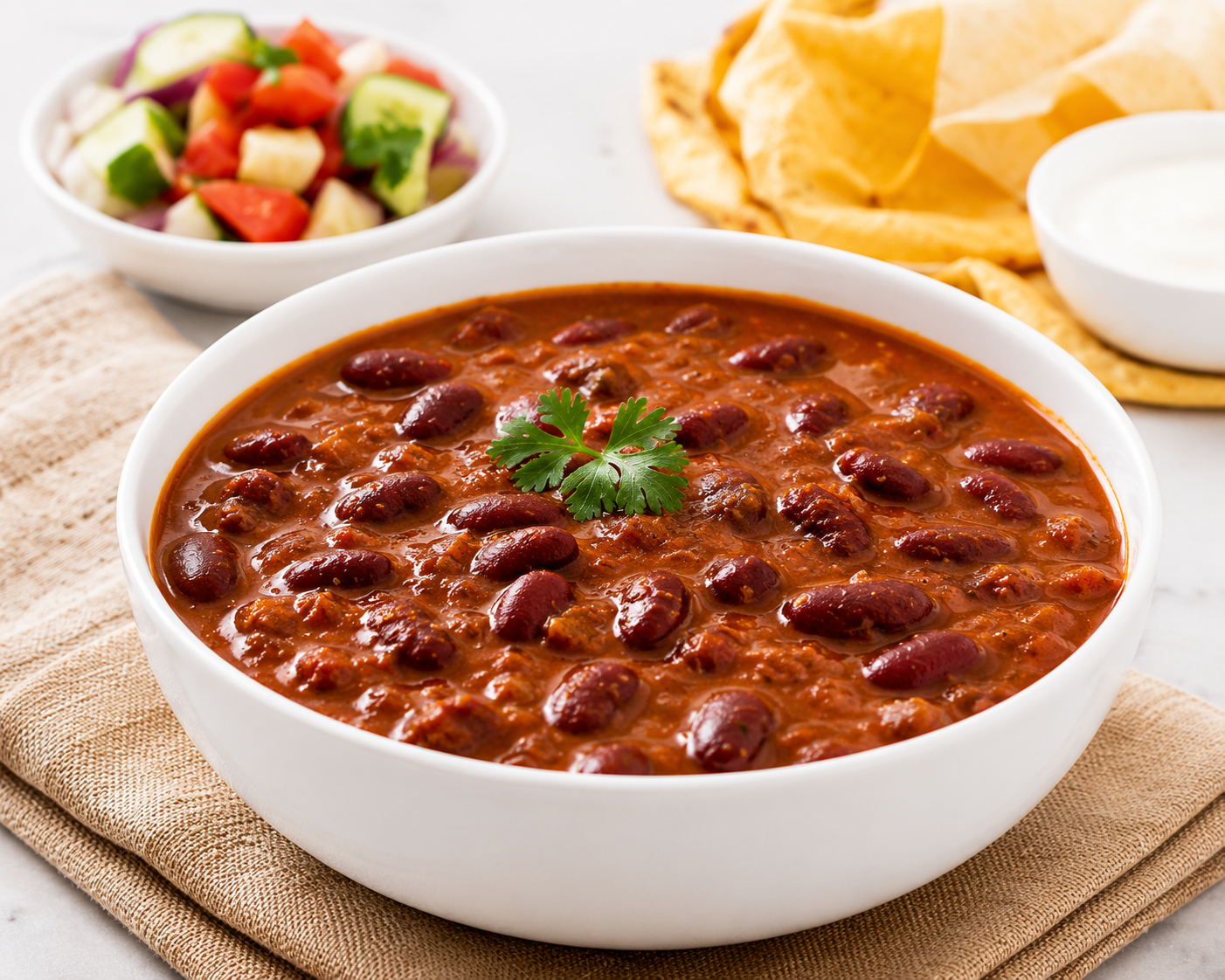Ashoka Shahi Rajma served in a white bowl with rich kidney bean curry, garnished with fresh coriander and accompanied by a fresh salad.