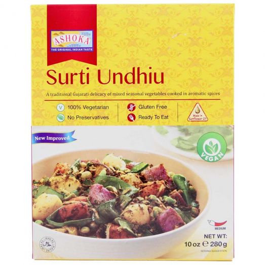 Ashoka Surti Undhiu ready to eat Gujarati vegetable curry 280g pouch featuring mixed vegetables cooked with traditional spices, authentic vegetarian heat and serve Indian meal perfect with rice, roti or puri.