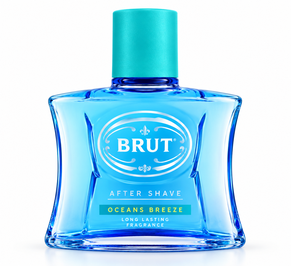 BRUT After Shave 100ml blue glass bottle with a turquoise cap, white BRUT logo and Oceans Breeze fragrance label, displayed upright against a clean white background.