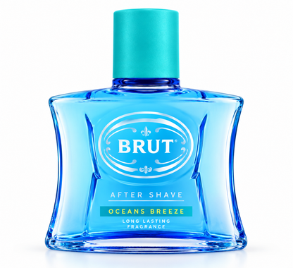 BRUT After Shave 100ml blue glass bottle with a turquoise cap, white BRUT logo and Oceans Breeze fragrance label, displayed upright against a clean white background.