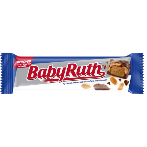 Baby Ruth Bar 54g with milk chocolate, peanuts, caramel, and nougat on a white background.