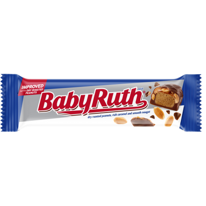 Baby Ruth Bar 54g with milk chocolate, peanuts, caramel, and nougat on a white background.
