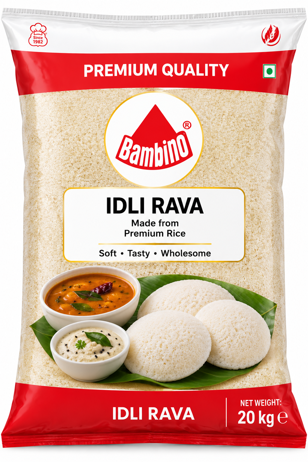 Bambino Idli Rava 1kg pack featuring white and red packaging, premium rice rava, the Bambino logo, and serving suggestions of soft idlis with chutney and sambar.