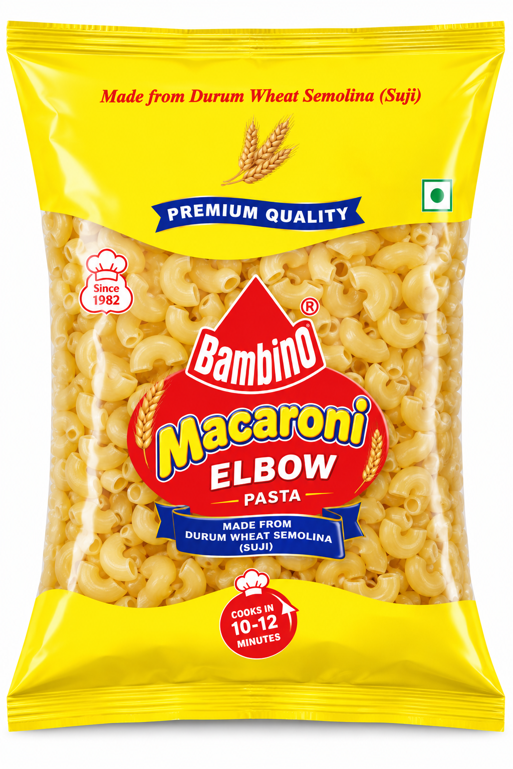 Bambino Macaroni Elbow 400g pack featuring bright yellow packaging, a transparent window filled with elbow-shaped pasta, the Bambino logo, and premium durum wheat semolina labelling.