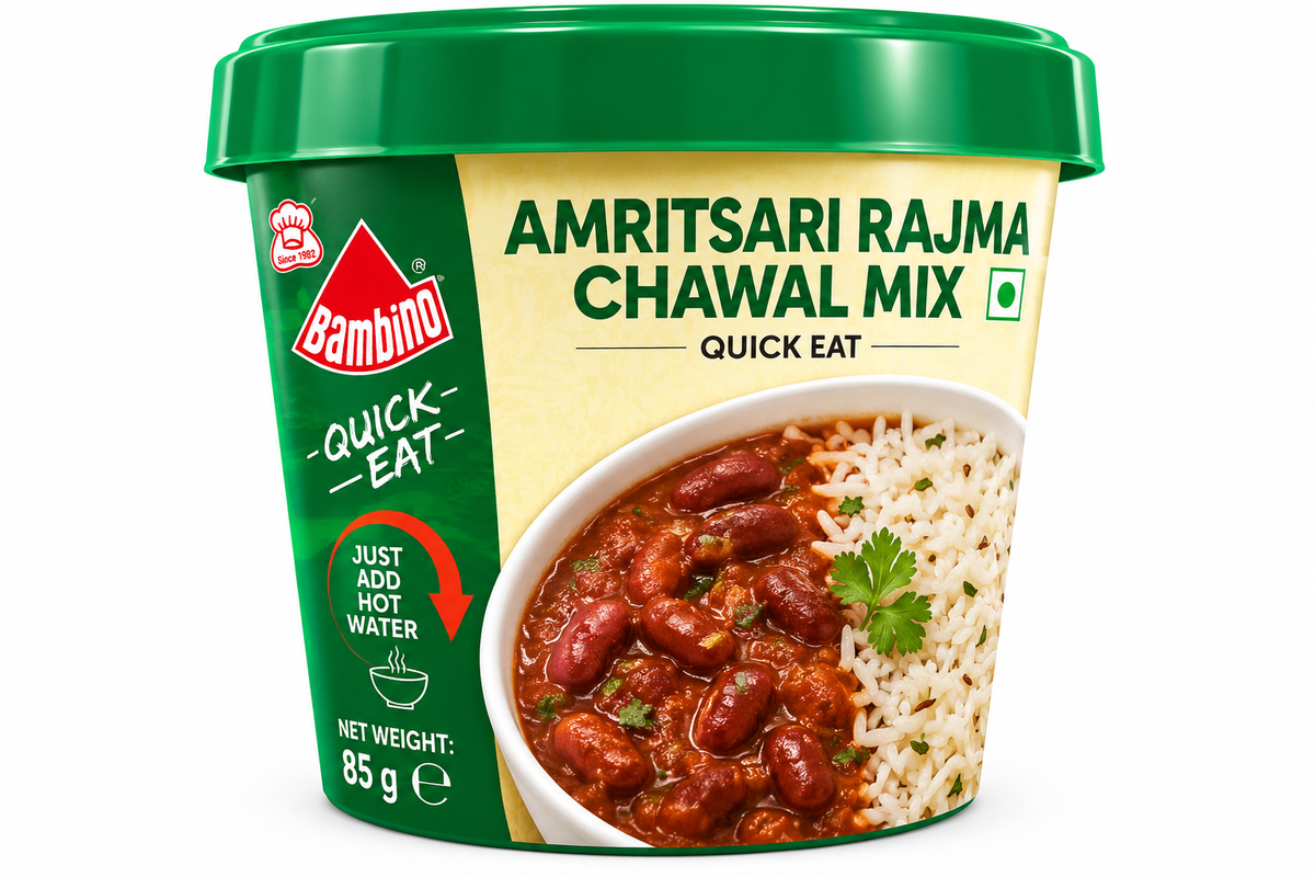 Bambino Quick Eat Amritsari Rajma Chawal 85g instant meal cup featuring green and cream packaging, a green lid, and an image of kidney bean curry served with rice and coriander.