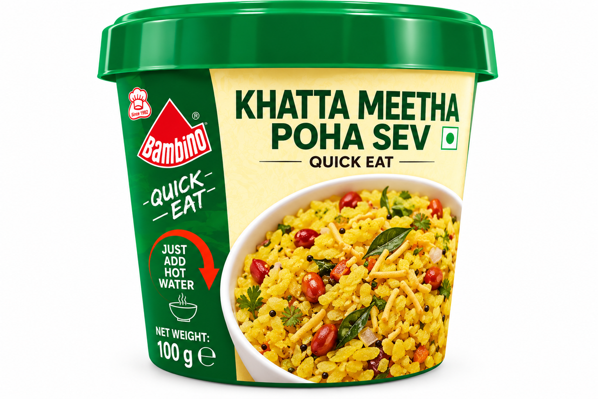 Bambino Quick Eat Khatta Meetha Poha Sev 100g instant snack cup featuring green and cream packaging, a green lid, and an image of yellow poha with sev, peanuts, curry leaves, and spices.