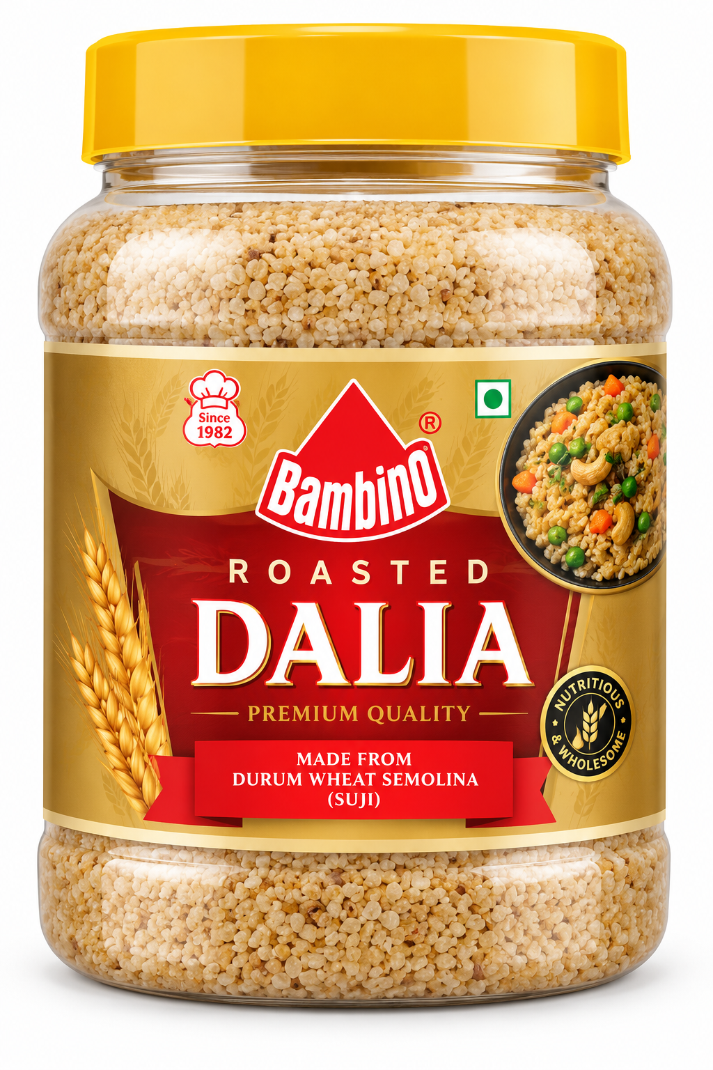 Bambino Roasted Dalia 1kg jar featuring a transparent container with a yellow lid, golden-red packaging label, roasted broken wheat grains, and a serving suggestion of cooked dalia with vegetables.