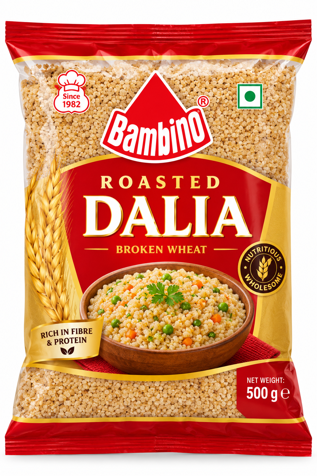 Bambino Roasted Dalia 500g pack featuring red and gold packaging, a transparent window showing roasted broken wheat grains, and an image of cooked dalia with peas, carrots, and coriander.