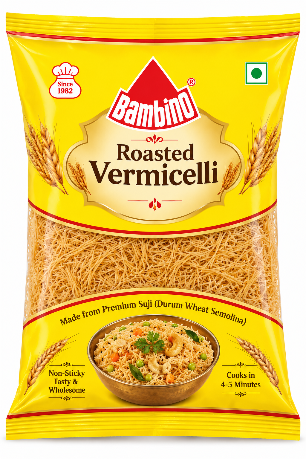 Bambino Roasted Vermicelli 350g packet featuring yellow and red packaging, a clear window filled with golden roasted vermicelli, wheat illustrations, and a bowl of cooked vermicelli with vegetables.