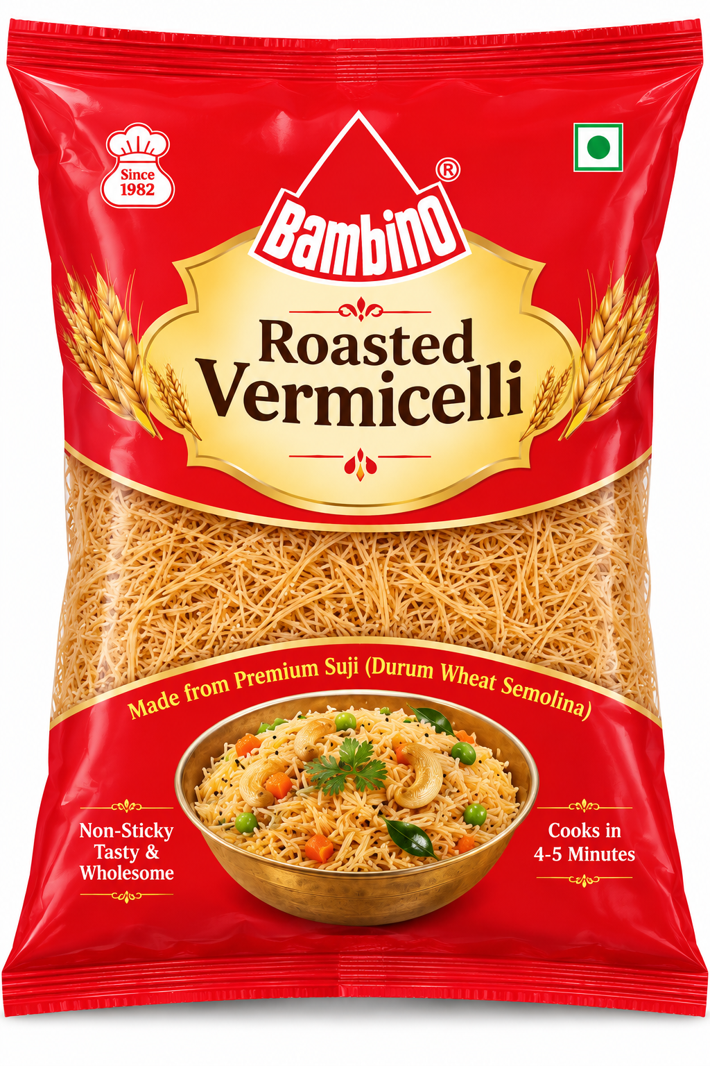 Bambino Short Cut Vermicelli 800g packet featuring red packaging with gold decorative details, a transparent window displaying roasted vermicelli strands, the Bambino logo, and a prepared vermicelli serving suggestion.