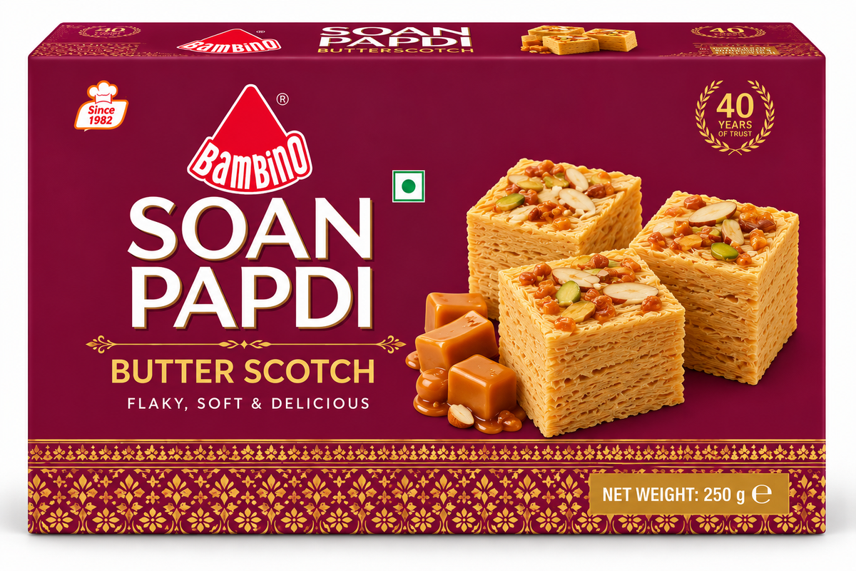 Bambino Soan Papdi Butter Scotch 250g sweet box featuring maroon packaging with gold patterns, flaky butterscotch-flavoured soan papdi cubes, caramel pieces, almonds, and pistachios.