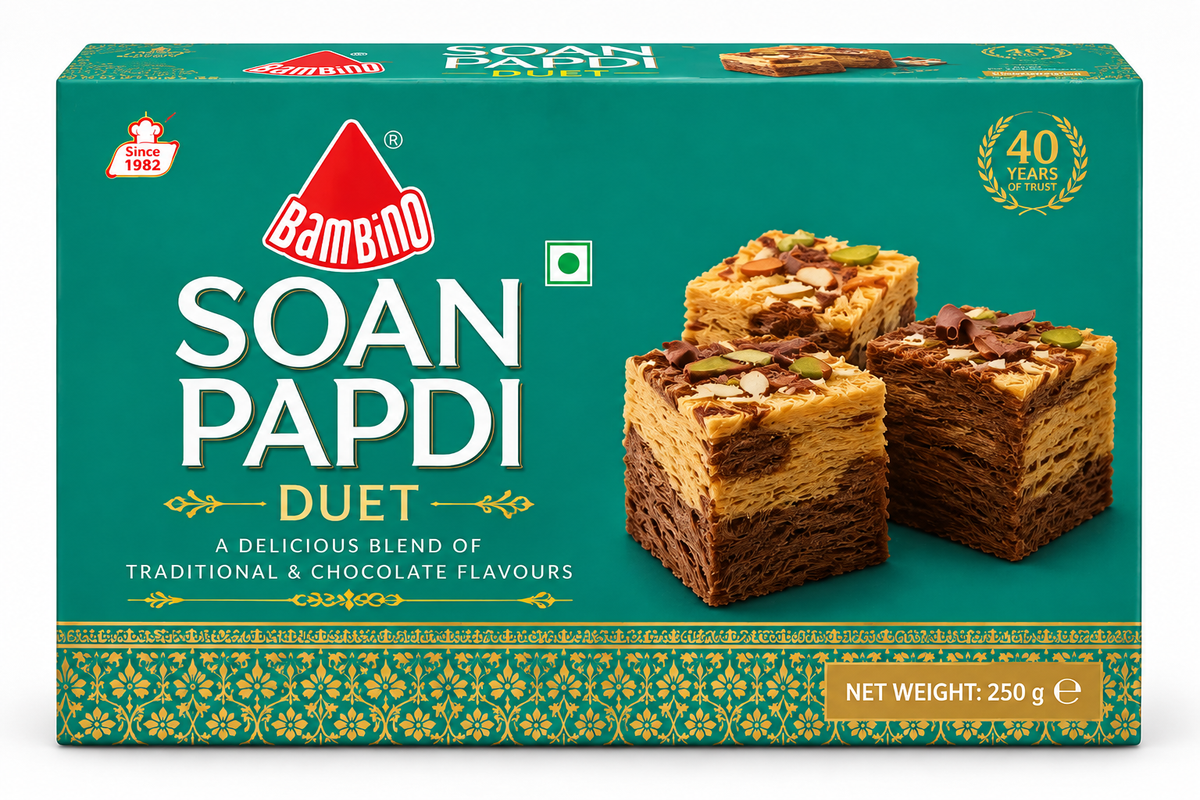 Bambino Soan Papdi Duet 250g sweet box featuring teal and gold packaging, flaky traditional and chocolate-flavoured soan papdi cubes topped with almonds and pistachios