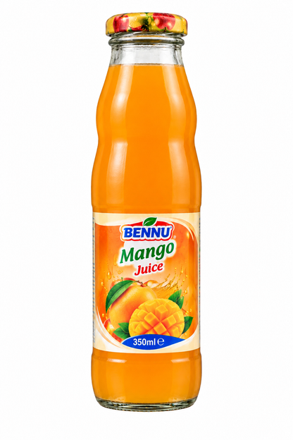 BENNU Mango Juice 350ml single glass bottle with orange mango label, bright orange mango juice and mango fruit illustrations on a plain white background.