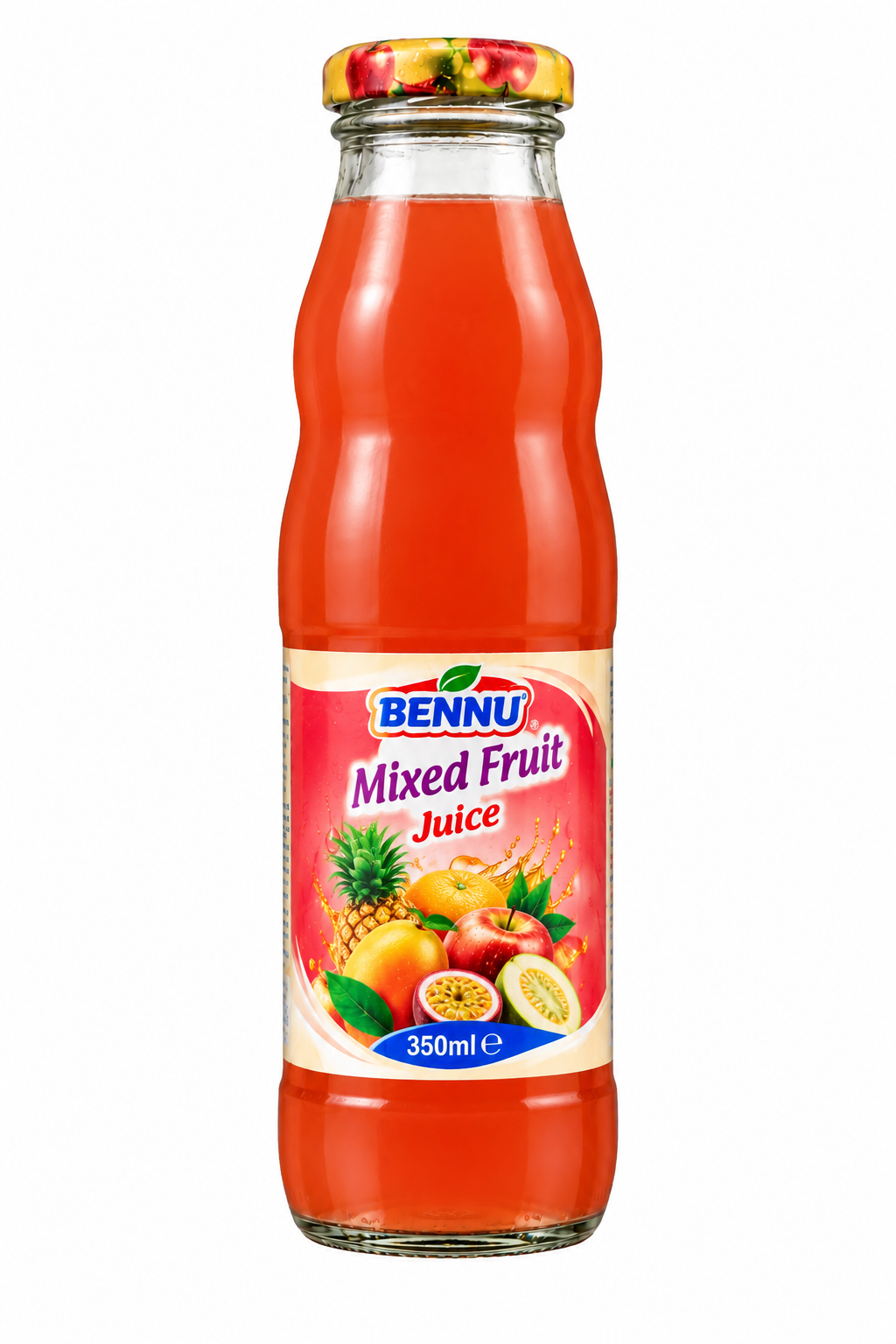BENNU Mixed Fruit Juice 350ml single glass bottle with pink mixed-fruit label, red fruit juice and assorted fruit illustrations on a plain white background.