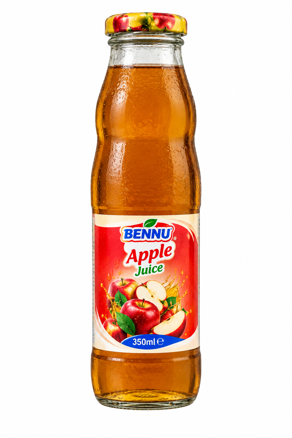 BENNU Apple Juice 350ml glass bottle with red apple label, golden apple juice and apple fruit illustrations, single bottle on a clean white background for EastWest Grocer.