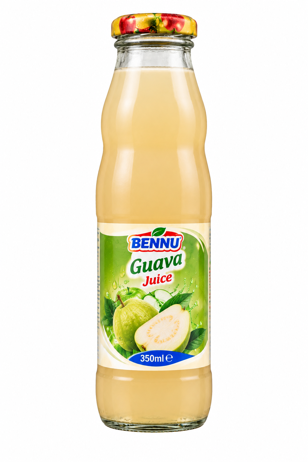 BENNU Guava Juice 350ml single glass bottle with green guava label, pale guava juice and fresh guava illustrations on a plain white background.