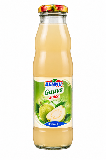 BENNU Guava Juice 350ml single glass bottle with green guava label, pale guava juice and fresh guava illustrations on a plain white background.
